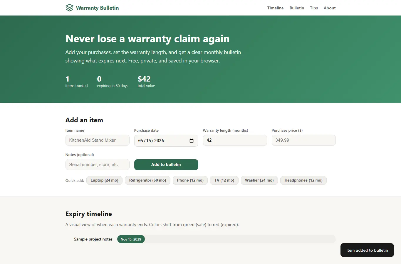 Screenshot of Warranty Expiry Bulletin interface showing the project page in use